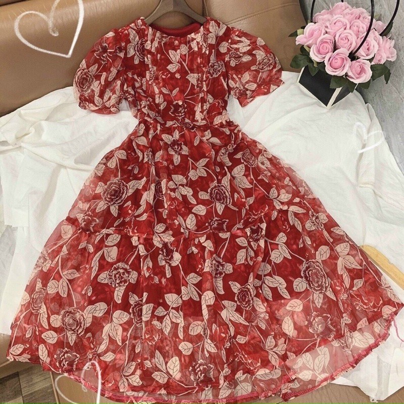 ĐẦM BABYDOLL HOA ĐỎ XẾP LI NGỰC