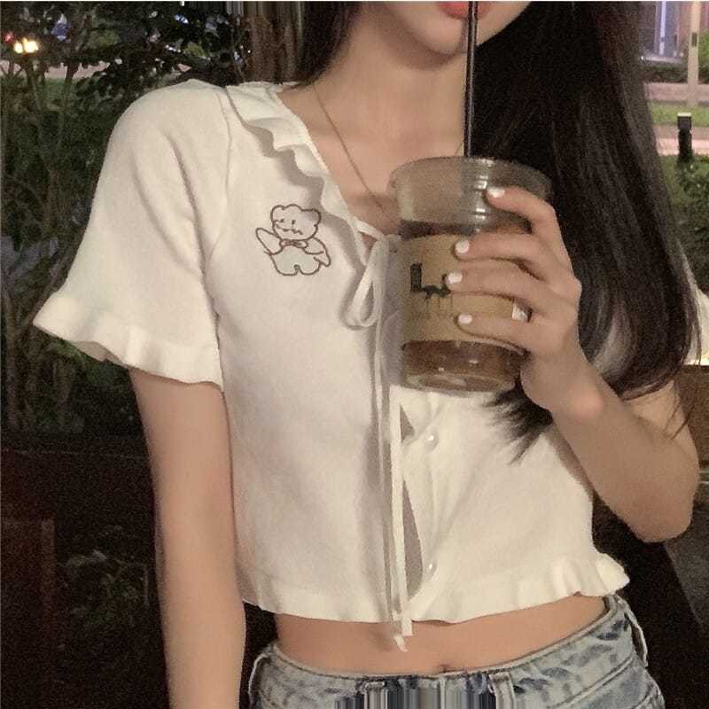 Áo croptop dệt kim thiết kế tay ngắn gợi cảm