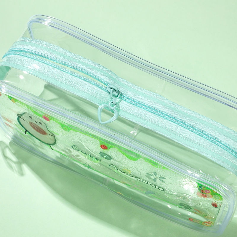 Túi Đựng Bút Trong Suốt Phối Kim Tuyến Nước Màu Hồng / Xanh Lá Xinh Xắn