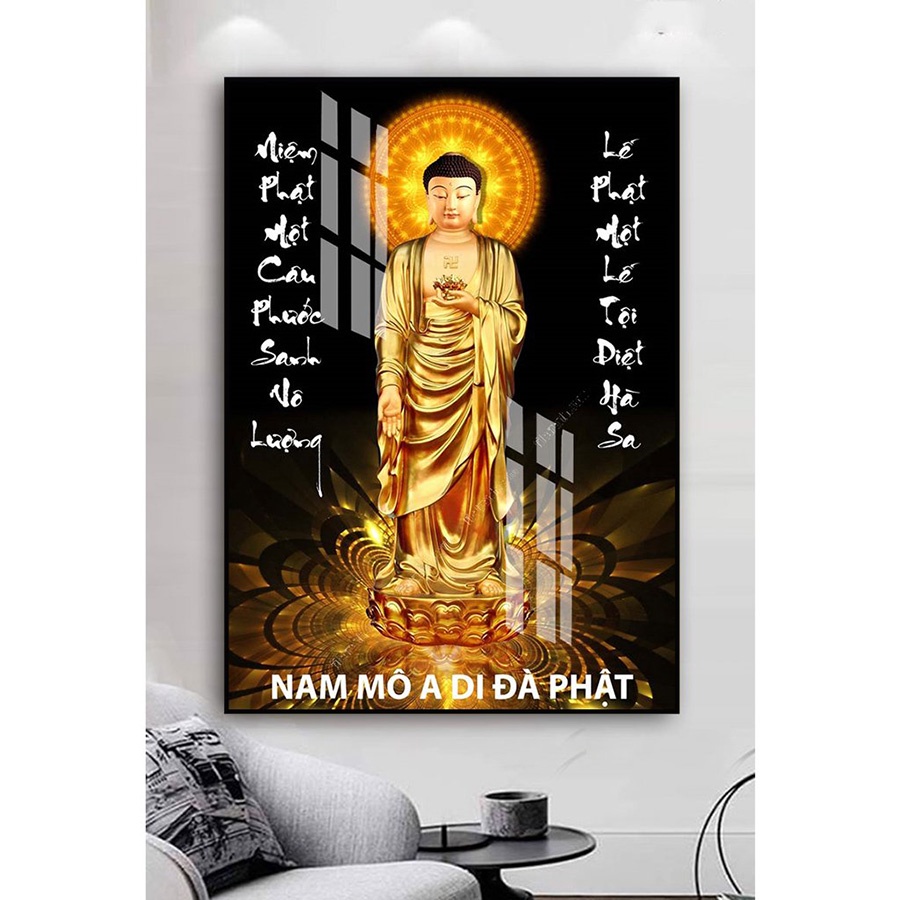 Tranh Laminate Tráng Gương - Treo Tường Phòng Thờ Đức Phật Đứng Trên Tòa Sen TƯỜNG VIP