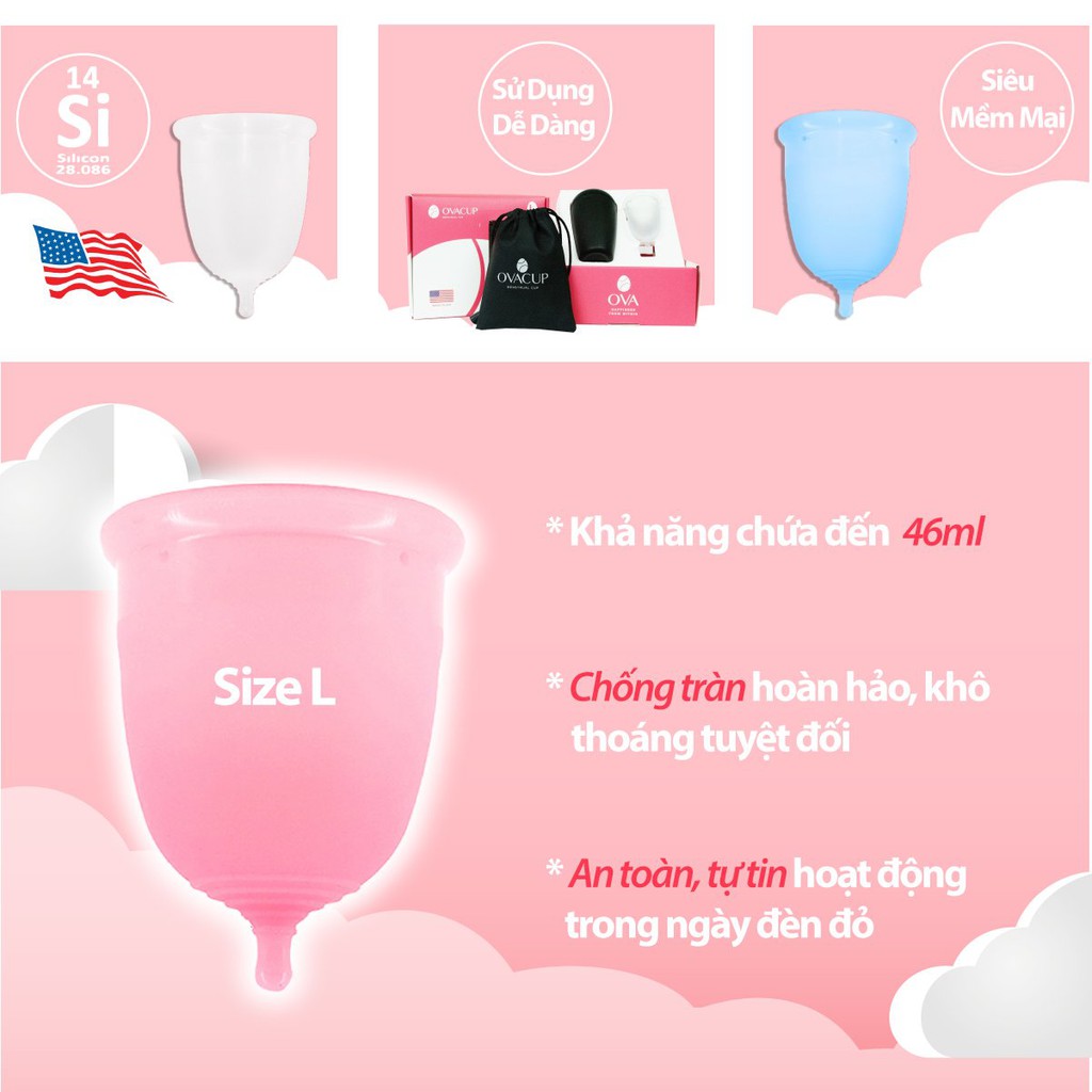 Cốc nguyệt san Ovacup nhập khẩu chính hãng Made In USA 100% Silicone y tế siêu mềm, đạt tiêu chuẩn FDA Hoa Kỳ 2 size