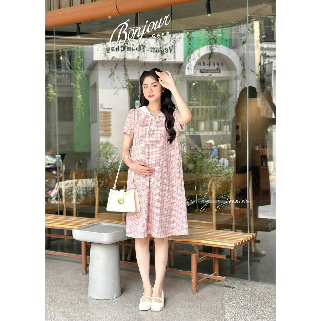Váy đầm bầu kẻ cổ nơ mùa hè mát mẻ thiết kế Joamom V320