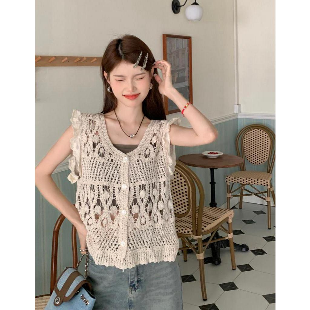 Áo Ống Tay Bay Cổ Chữ V Phối Ren Phong Cách Pháp 64036