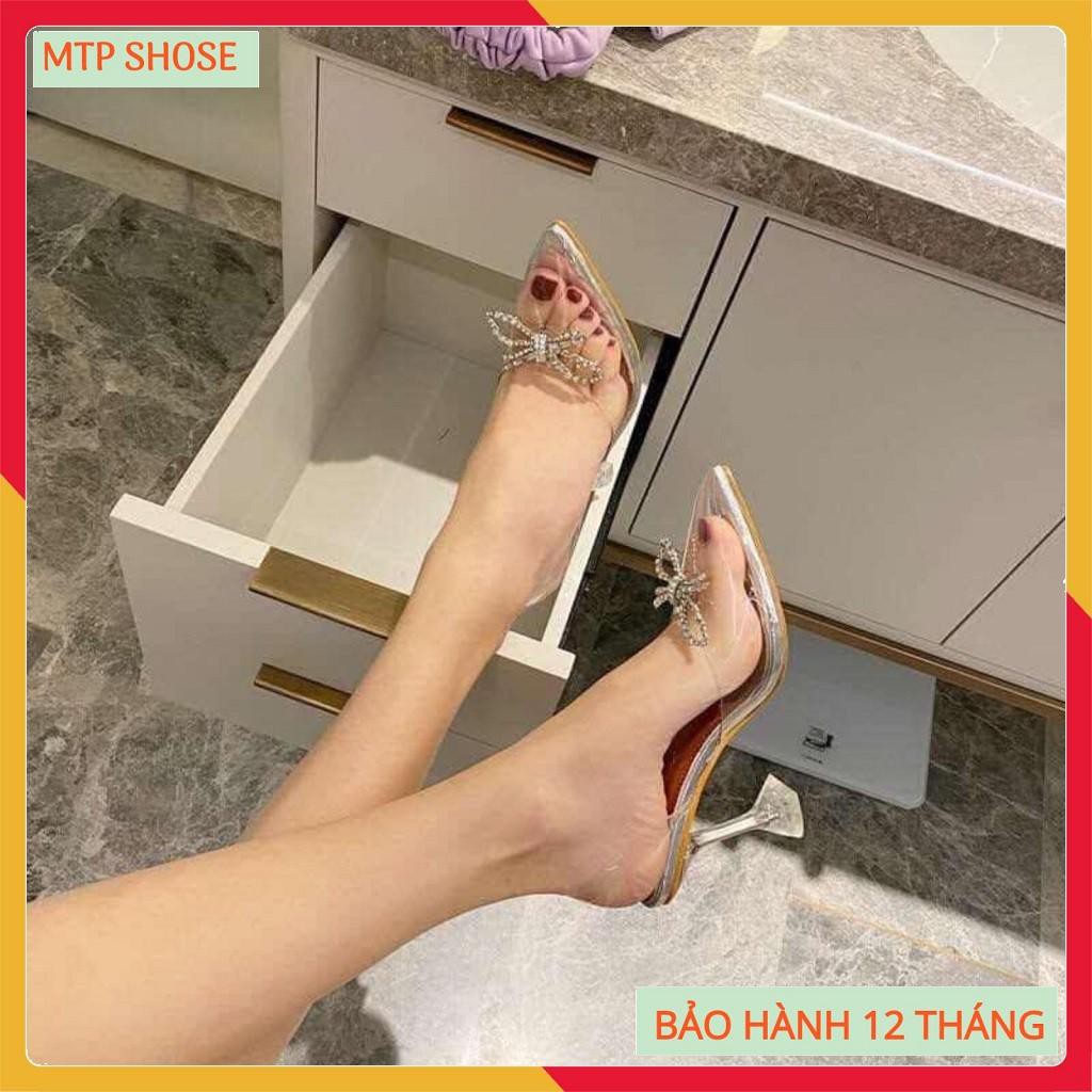 Giày cao gót nữ 9 phân quai Mika trong suốt đính nơ cánh bướm kim cương