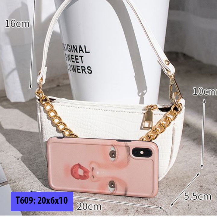 Túi xách đeo vai kẹp nách nữ da sần dây xích vàng có dây đeo chéo cá tính T609