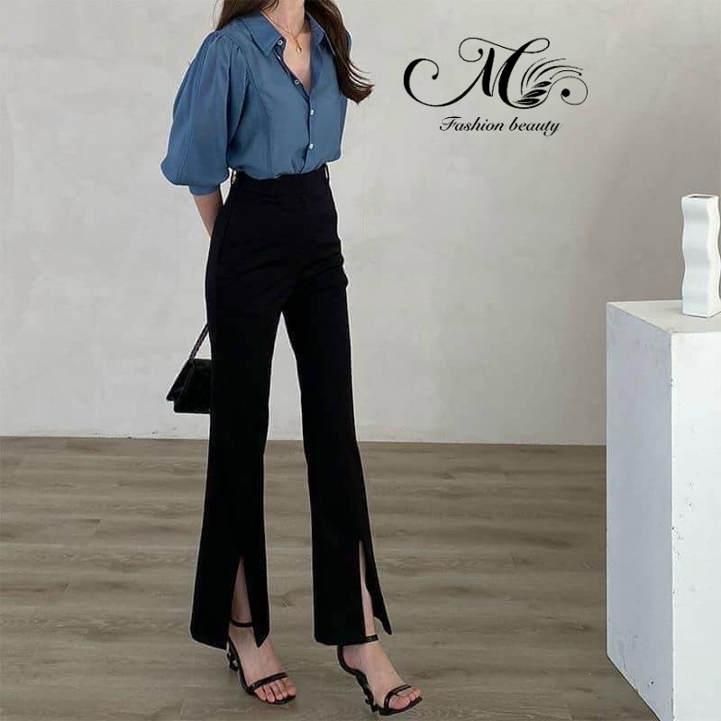 Quần ống loe xẻ tà nữ xịn 1 khuy vải tuyết mưa không nhăn không xù dài quần 98cm