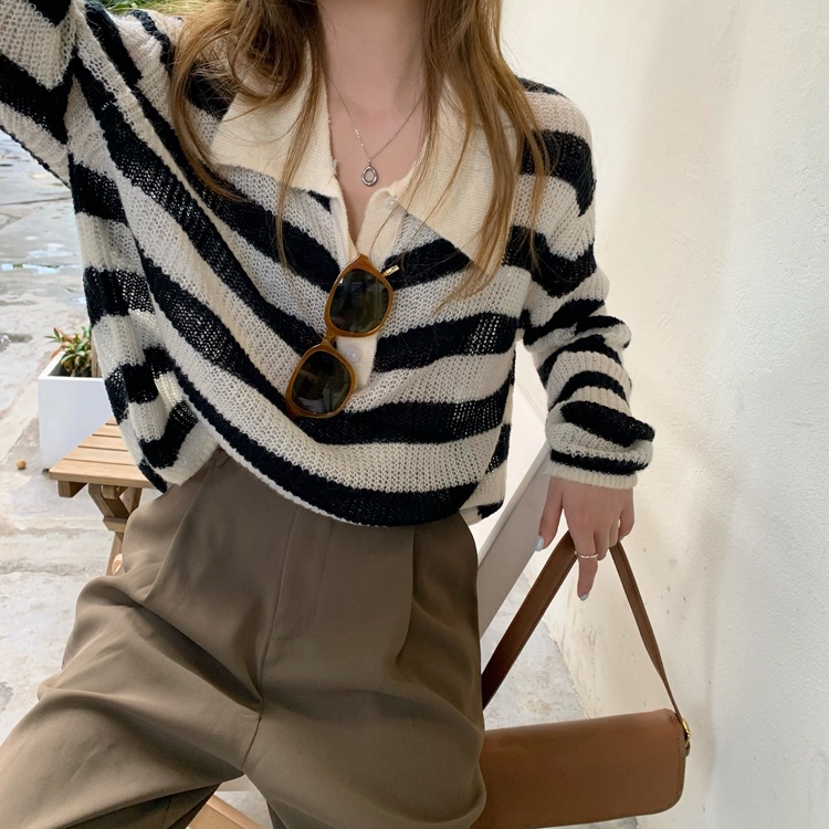 Áo Sweater Dệt Kim Tay Dài Dáng Rộng Cổ Polo Kẻ Sọc Dễ Phối Đồ Cho Nữ | BigBuy360 - bigbuy360.vn