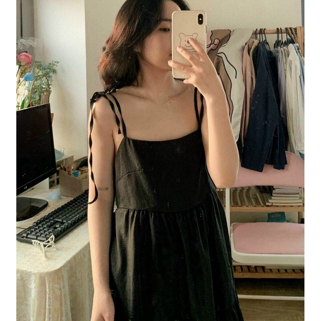 Đầm hai dây voan SANMAY tơ buộc vai 2 lớp, Đầm Babydoll phong cách Ulzzang