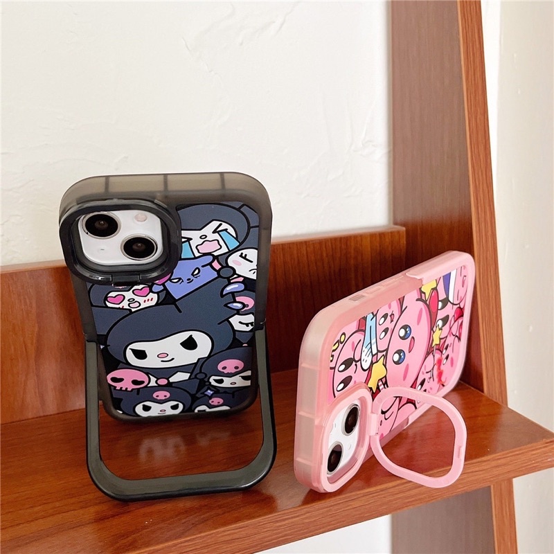 Ốp lưng iphone mềm dẻo viền bo tròn chống sốc có chân để bàn tiện lợi mẫu kuromi đen và kirby hồng