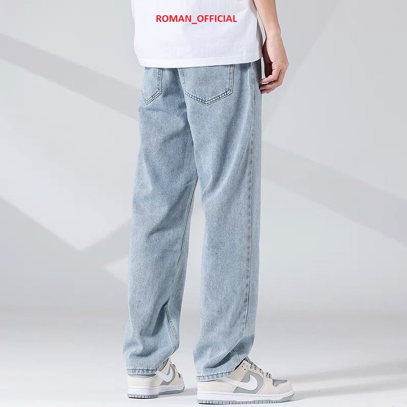 Quần jean baggy nam xanh trơn cắt gấu ống suông rộng chất bò đẹp cao cấp ROMAN QJ03