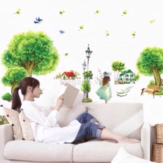 Decal dán tường chân tường làng quê