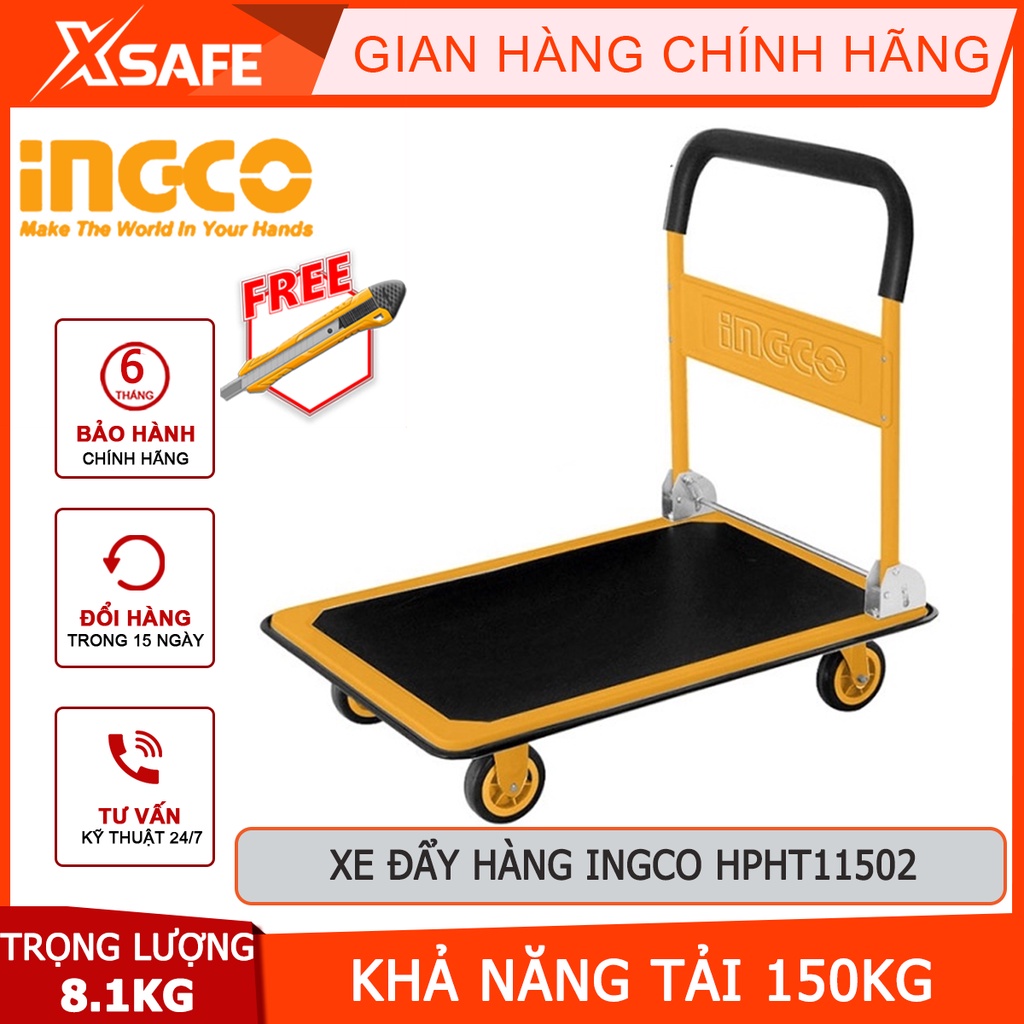 Xe đẩy hàng gấp gọn INGCO HPHT11502 4 bánh, sàn thép thảm chống trơn trượt, tải trọng lên đến 150kg - [XSAFE]