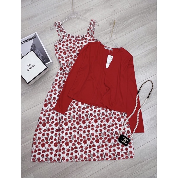 Set đầm nữ 2 dây hoa đỏ kèm áo khoác len tăm siêu cá tính diện tết đi chơi hay đi làm đều xinh