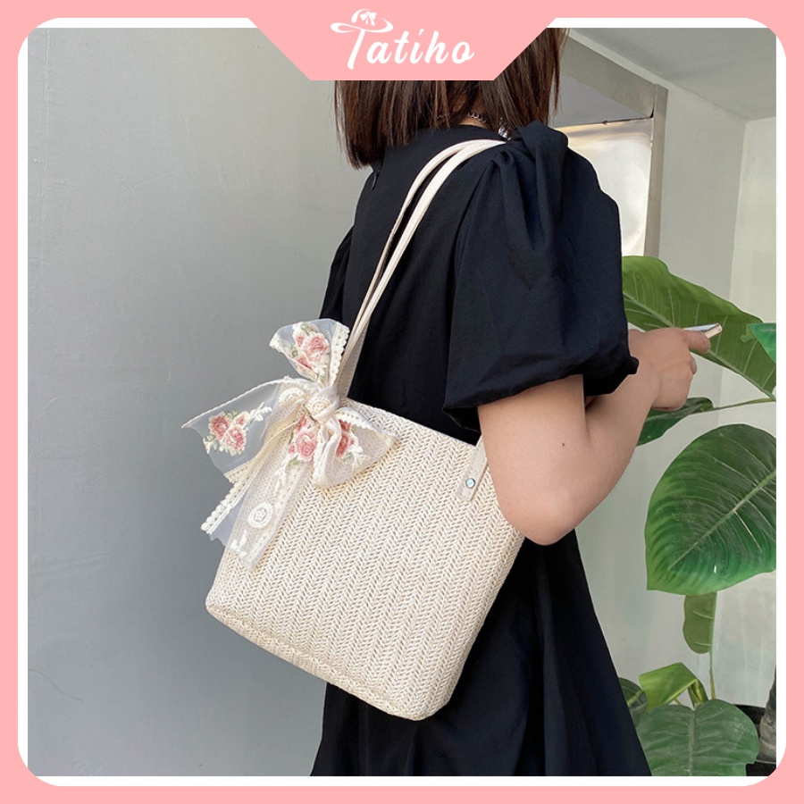 [HÀNG XỊN, GIÁ TỐT] Túi Xách Vintage ( Túi Cối Đi Biển ) Phong Cách Thời Trang Năng Động &amp; Phối Nơ Ren - Mã TUI48