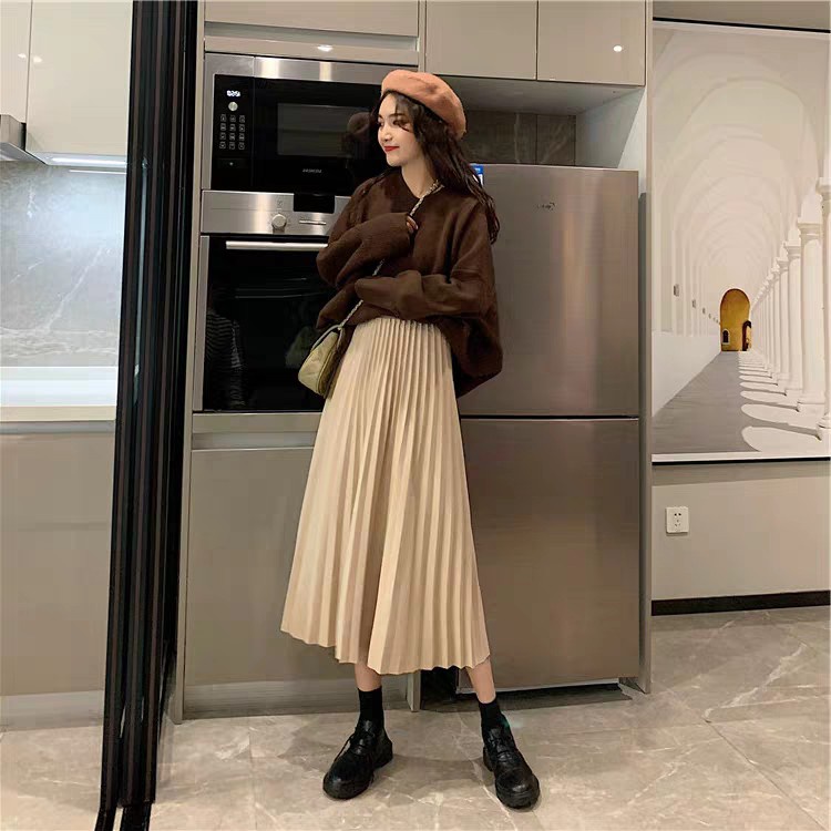 CHÂN VÁY XẾP LI MIDI MÀU BE MÀU ĐEN ULZZANG HOT