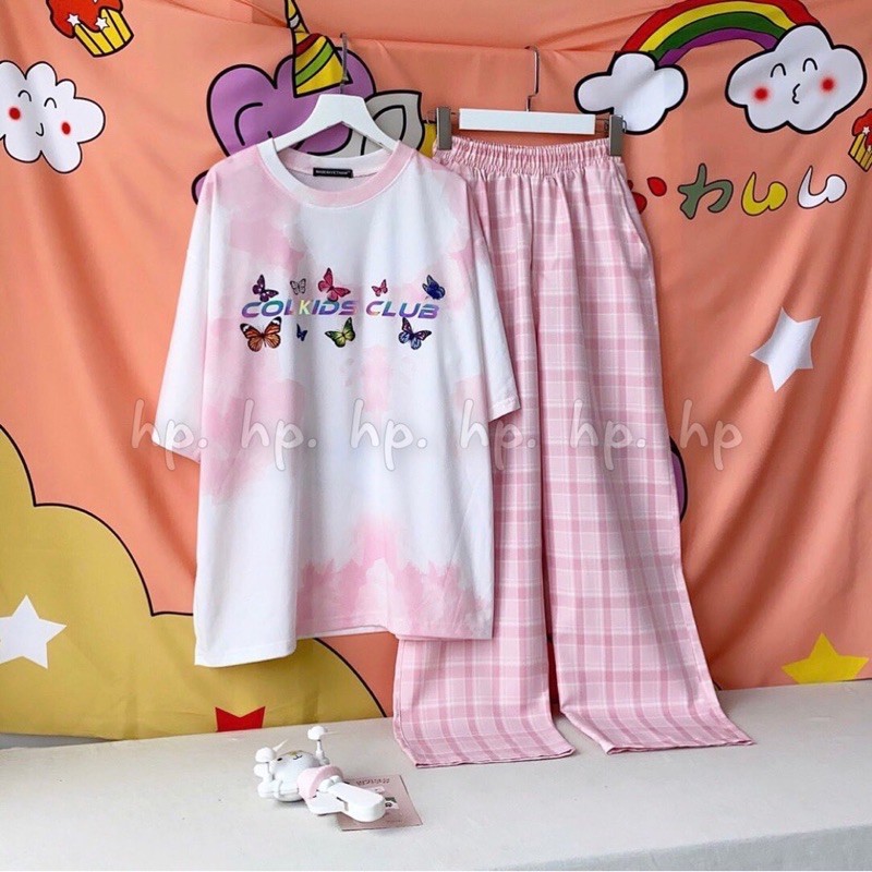 Sét áo loang hồng hình + quần kẻ hồng TH6