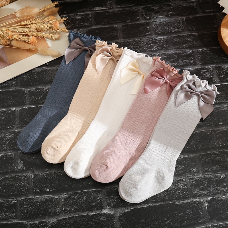 Đôi Vớ Cotton Mềm Mại Co Giãn Giữ Ấm Mùa Đông Đính Nơ Hoạt Hình Dành Cho Bé Gái Sơ Sinh