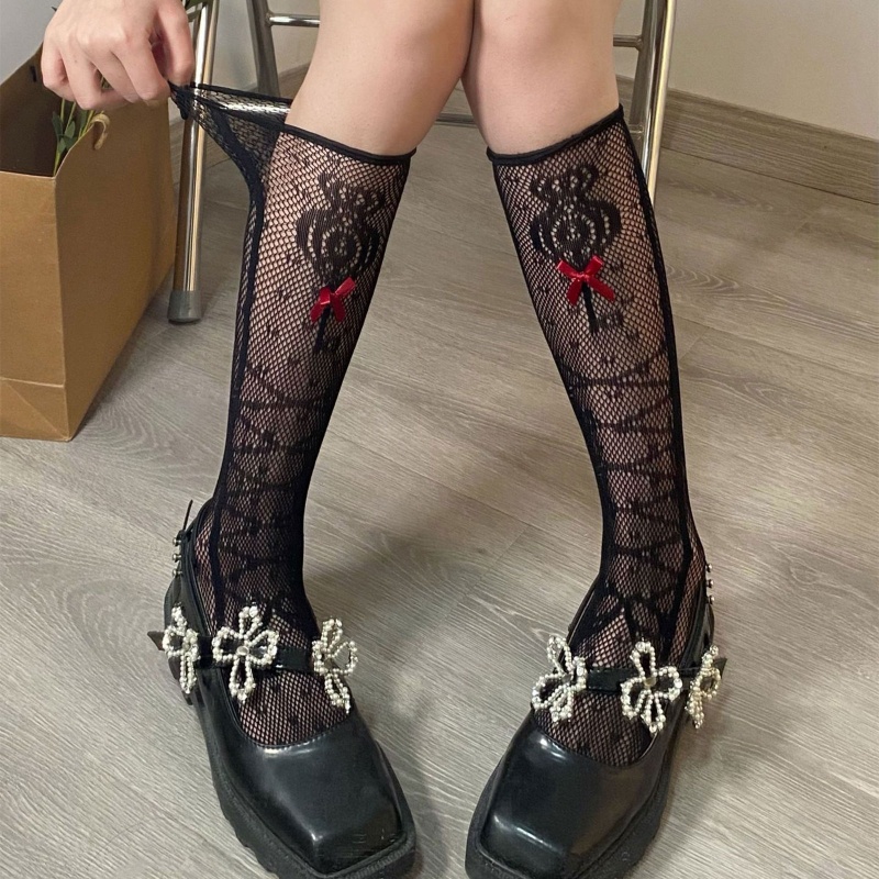 XIXI Tất Lưới Cao Qua Gối Đính Nơ Phong Cách Lolita Cho Nữ