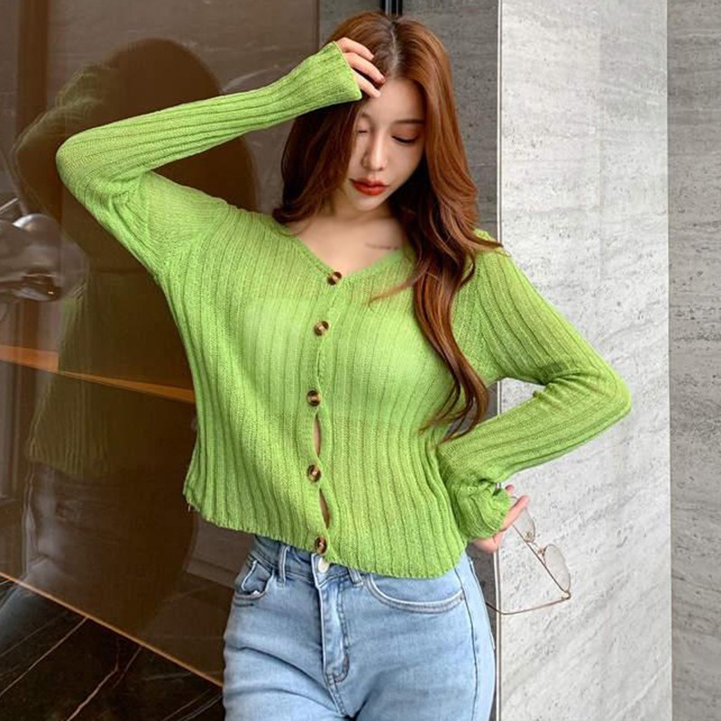 Áo khoác cardigan dệt kim tay dài cổ chữ V màu trơn phong cách Hàn Quốc cho nữ
