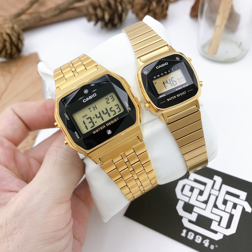 Đồng hồ cặp Casio A159WAD-1 / LA670WAD-1 / A159WGED-1 / LA670WGAD-1 đính kim cương, chống nước 50m, hàng chính hãn