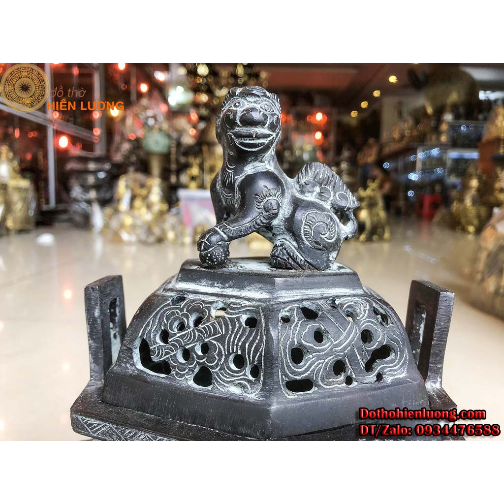 Lư Đỉnh Xông Trầm Lục Giác Hoa Văn Tùng Cúc Trúc Mai Tai Vuông Màu Đen Giả Cổ Bằng Đồng Nguyên Chất