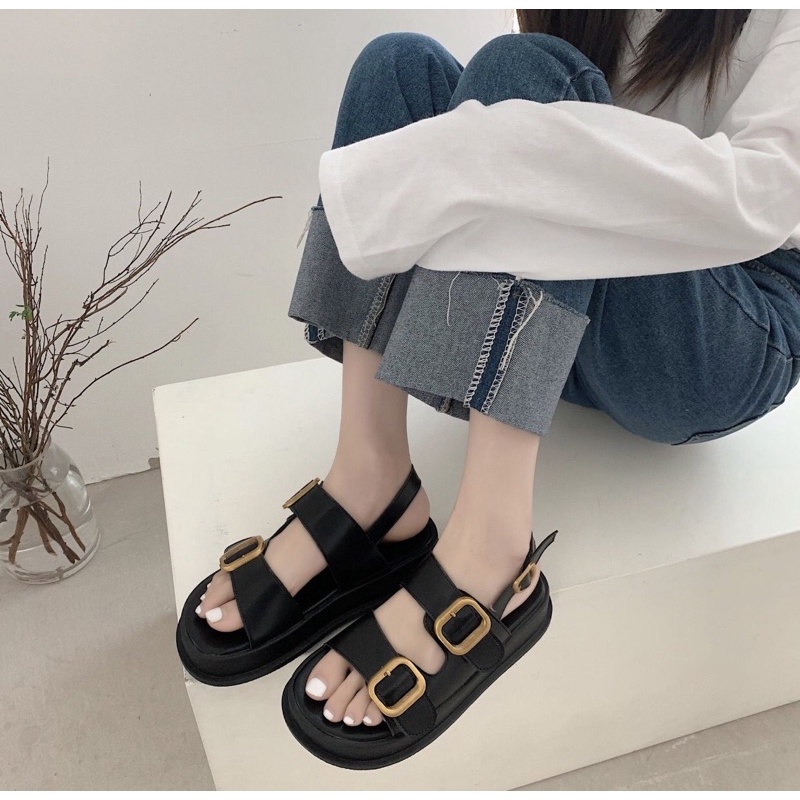 Giày Sandal Nữ Ulzzang bản cao cấp - Giày quai hậu nữ hai quai khuy vàng mẫu mới đi học mang áo dài