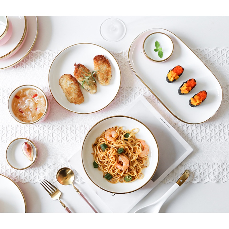 Bộ Bát Ăn Cơm. Bộ bát đĩa cao cấp,chén dĩa decor đẹp 26 món viền vàng màu hồng. Bộ Bát Đĩa Màu Hồng.