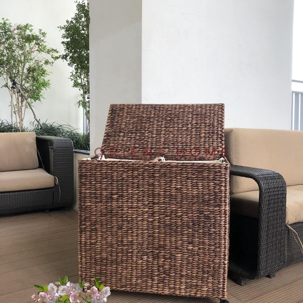 Thùng lục bình đựng đồ giặt màu nâu, 2 ngăn có vải lót tháo rời được từng ngăn.