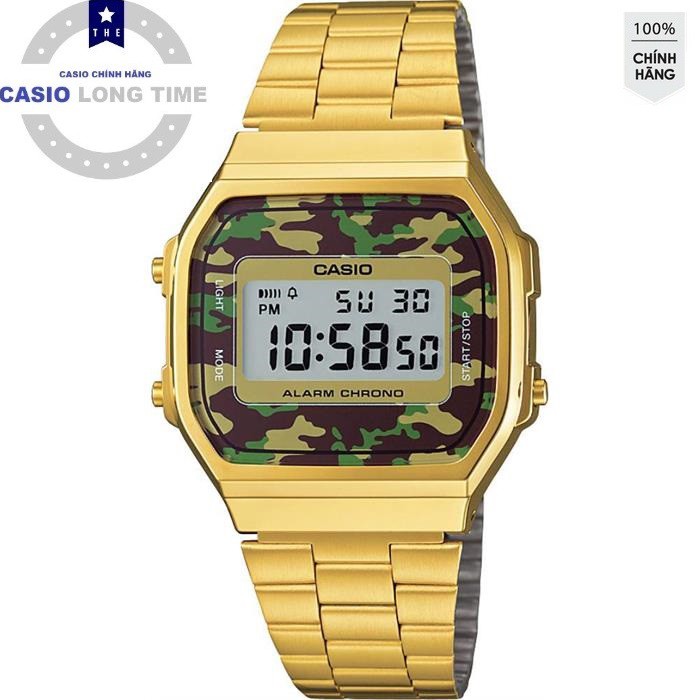 Đồng Hồ Nam Casio A168WEGC-3 Dây Kim Loại Mạ Vàng - Viền Mặt Xanh Quân Đội chống nướ