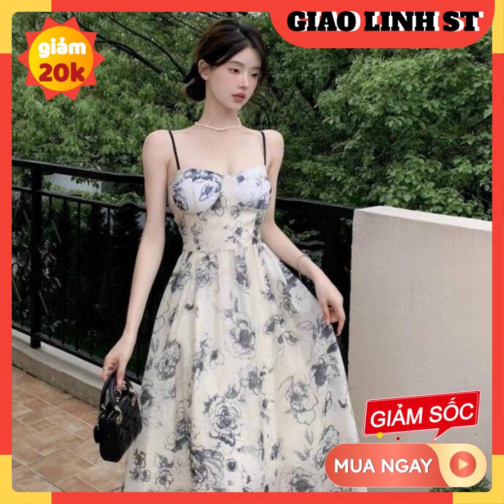Đầm hoa 2 dây dự tiệc sang trọng suông dài qua gối buộc eo thiết kế cao cấp mix áo khoác croptop len kèm ảnh thật