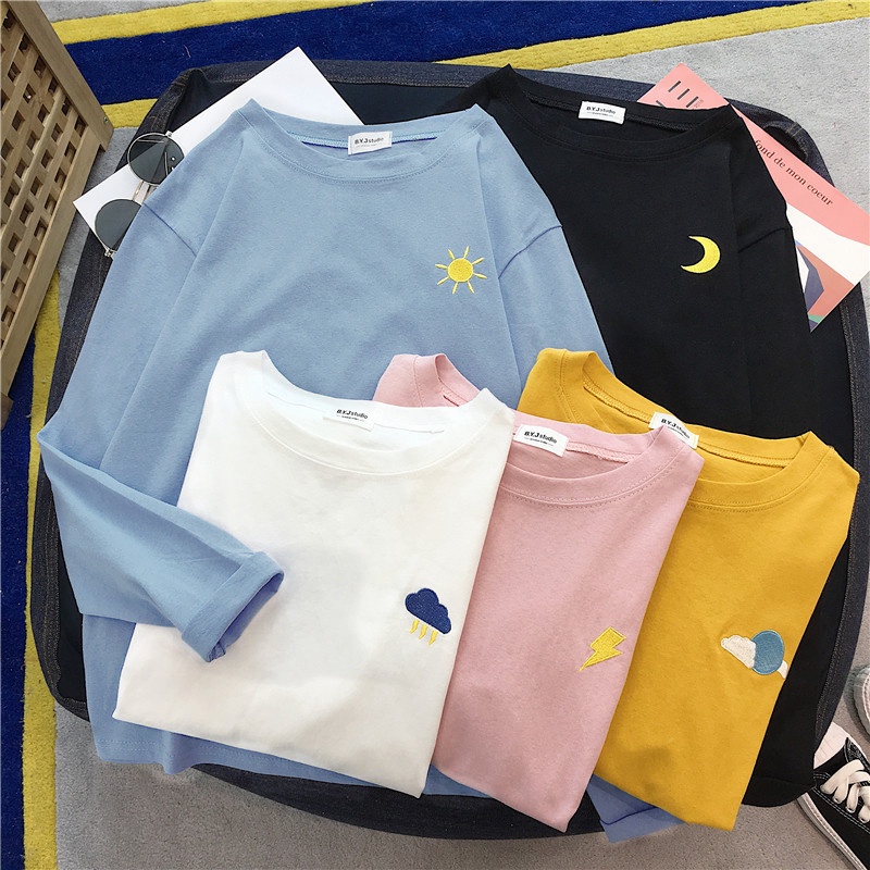 Áo thun nữ tay dài dáng rộng cổ tròn thêu hình thời tiết dễ thương kiểu Harajuku thời trang xuân thu Hàn Quốc cho nữ