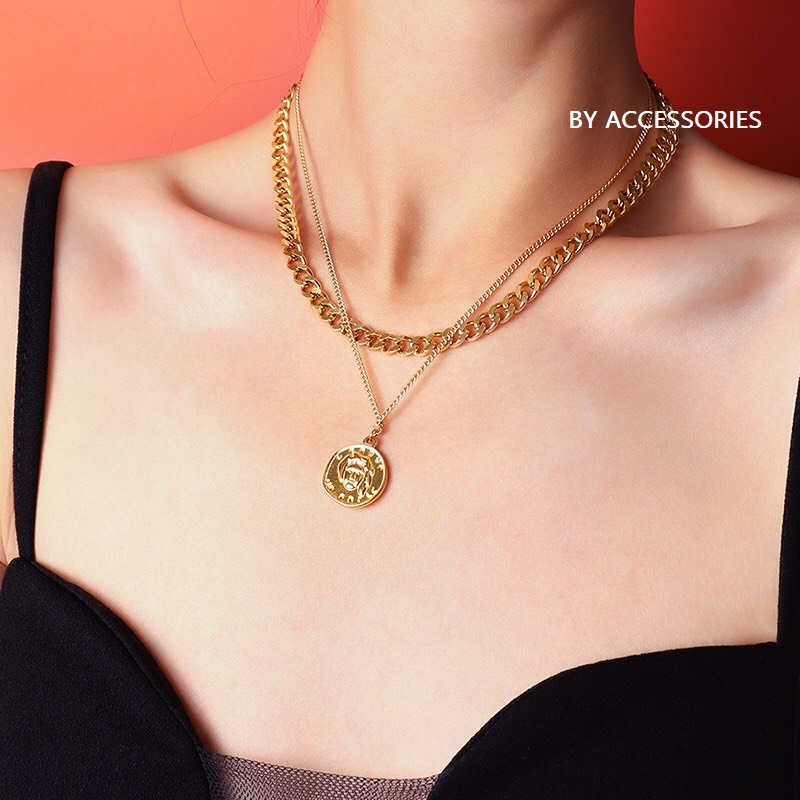 Set dây chuyền titan 2 tầng xích vát cạnh phối mặt chạm hình không gỉ WNS18