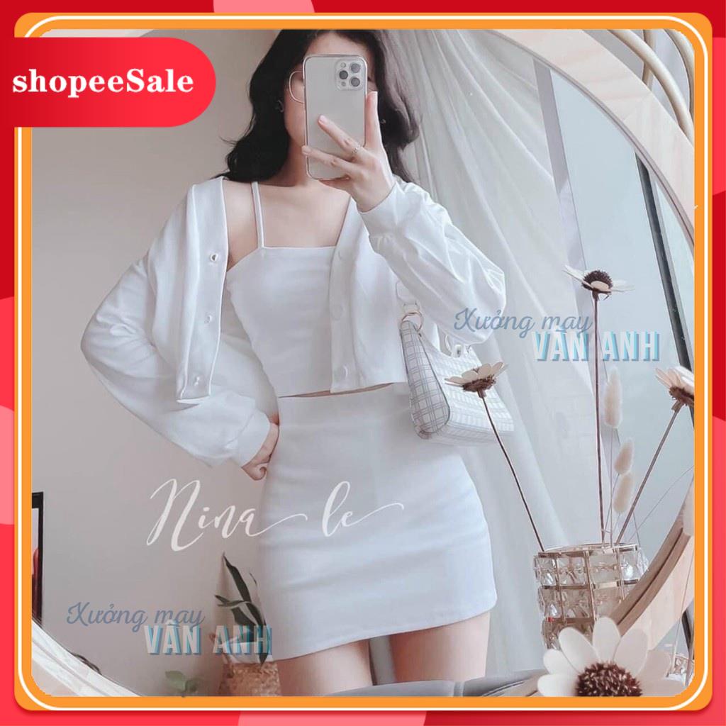 (Mới) Set 3 món Váy body áo 2 dây croptop kèm cadigan dài tay đầm dáng ôm