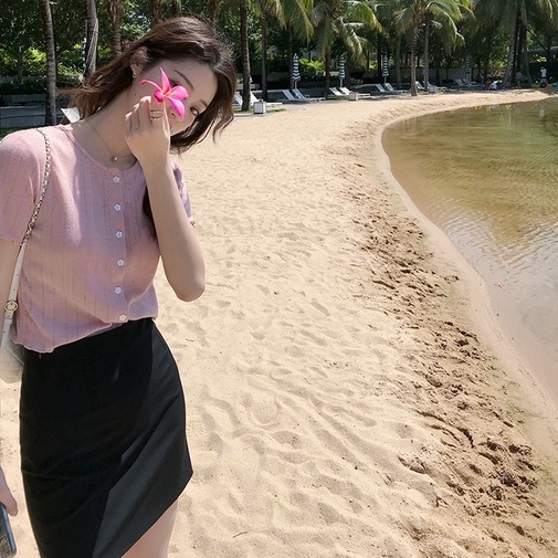 【ZHELIHANGFEI】 / Áo Cardigan Dệt Kim Lụa Lạnh Tay Ngắn Nhẹ Nhàng Phong Cách Pháp Thời Trang Mùa Hè Cho Nữ