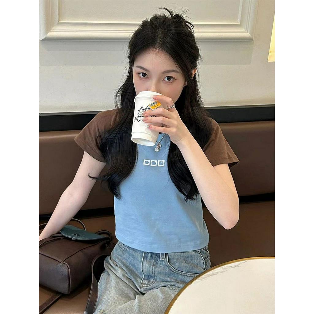 Áo Thun Cotton Cổ Tròn Ngắn Tay Phối Màu Tương Phản Thời Trang Mới 63837