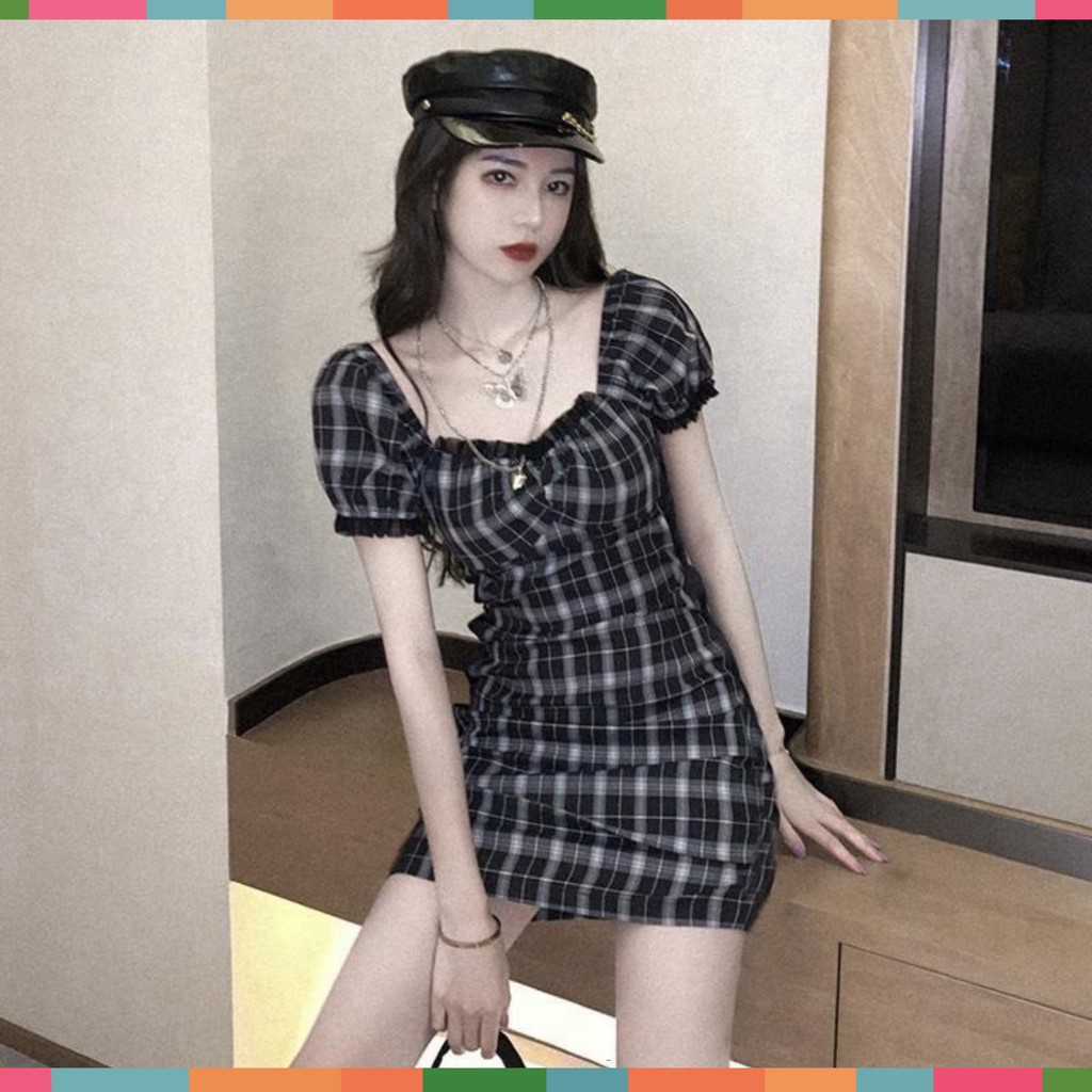 Đầm Nữ Kẻ Đen Bèo Ngực ️🎶 Váy Nữ Cộc Tay Cổ Vuông Dáng Ngắn | BigBuy360 - bigbuy360.vn