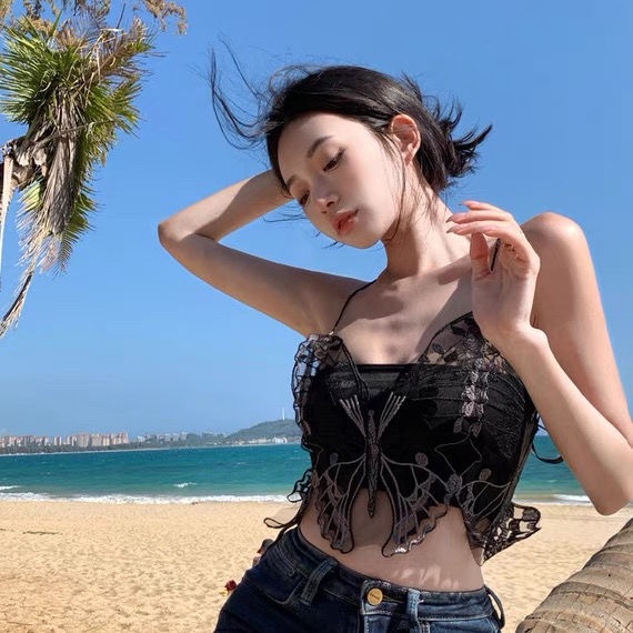 Kho sẵn sàng🎁angryball Hai Dây Phối Ren Màu Đen Thêu Hình Bướm Phong Cách Hàn Quốc Quyến Rũ Dành Cho Nữ