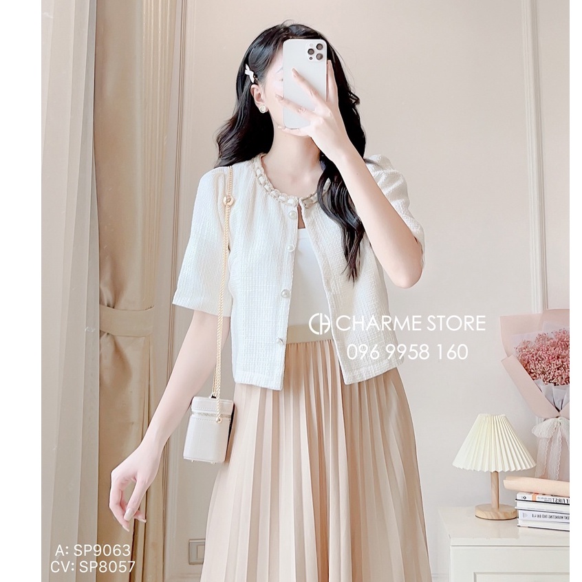 Áo khoác nữ tay ngắn tiểu thư dạ tweed mỏng thiết kế Charme 9063