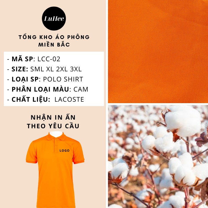 Áo phông Trơn Nam Nữ - Áo thun POLO màu CAM ngắn tay có cổ, Vải LACOSTE Cá sấu 4 chiều CAO CẤP, Nhận IN ẤN theo yêu cầu