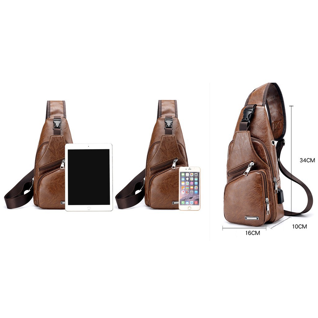 Túi da đeo chéo nhiều ngăn nhỏ gọn, tặng cáp usb kết nối với pin | BigBuy360 - bigbuy360.vn