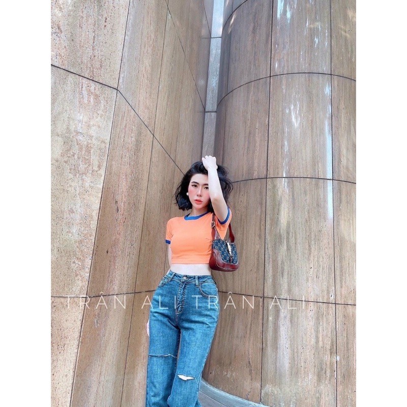 áo kiểu croptop cổ tròn trơn phối viền màu cực xinh , chất thun bozip mềm mịn ( ảnh thật)