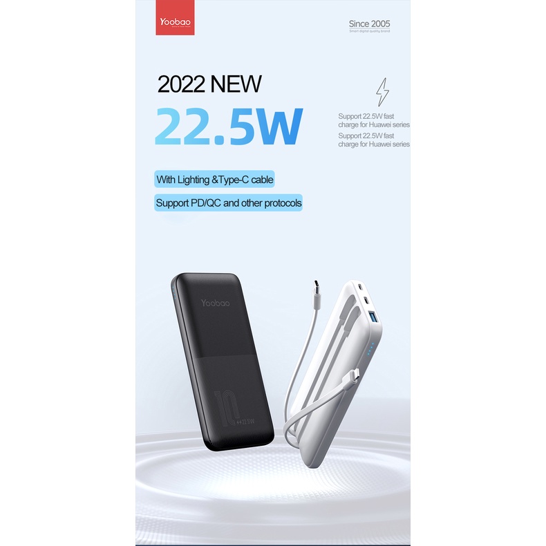 Pin Sạc Dự Phòng Yoobaao LC1 Dung lượng 10000mAh Dòng Sạc 22.5w 2 Cáp mỏng tích hợp PD QC Sạc nhanh Cáp Lightning Type-C