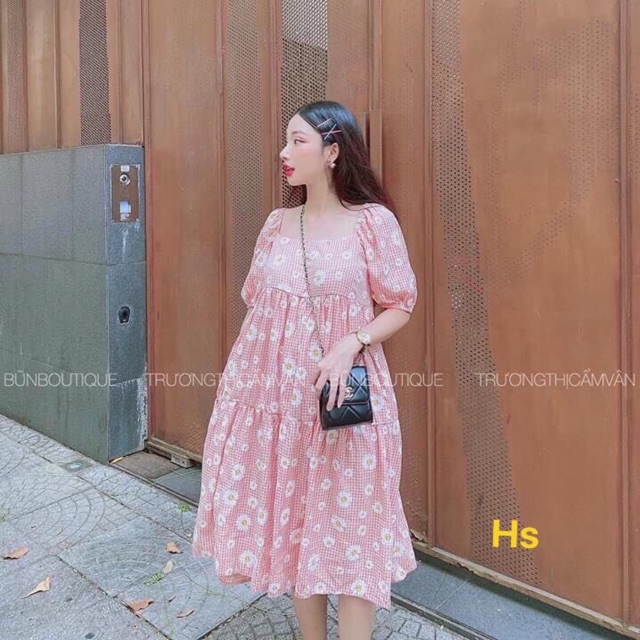 Váy hoa đũi babydoll ngắn tay dáng xoè rộng bầu bí mặc ok