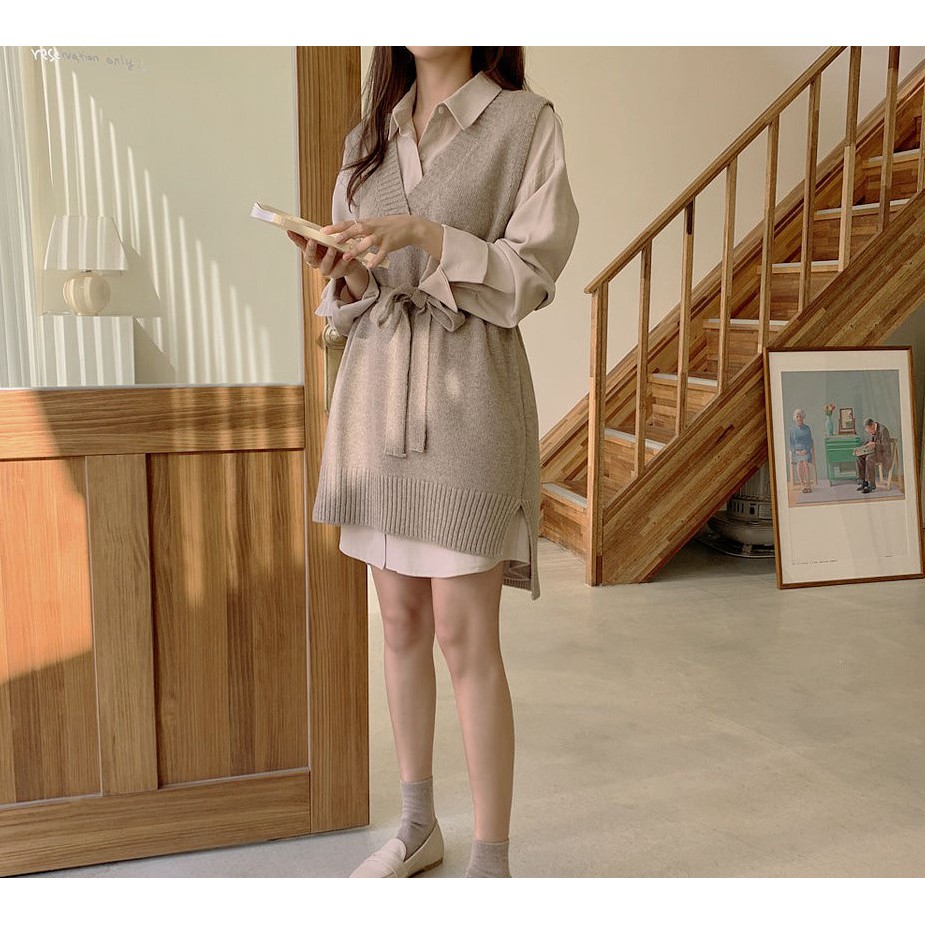 Đầm Dệt Kim Tay Dài Cổ Chữ V Màu Sắc Thời Trang 38507