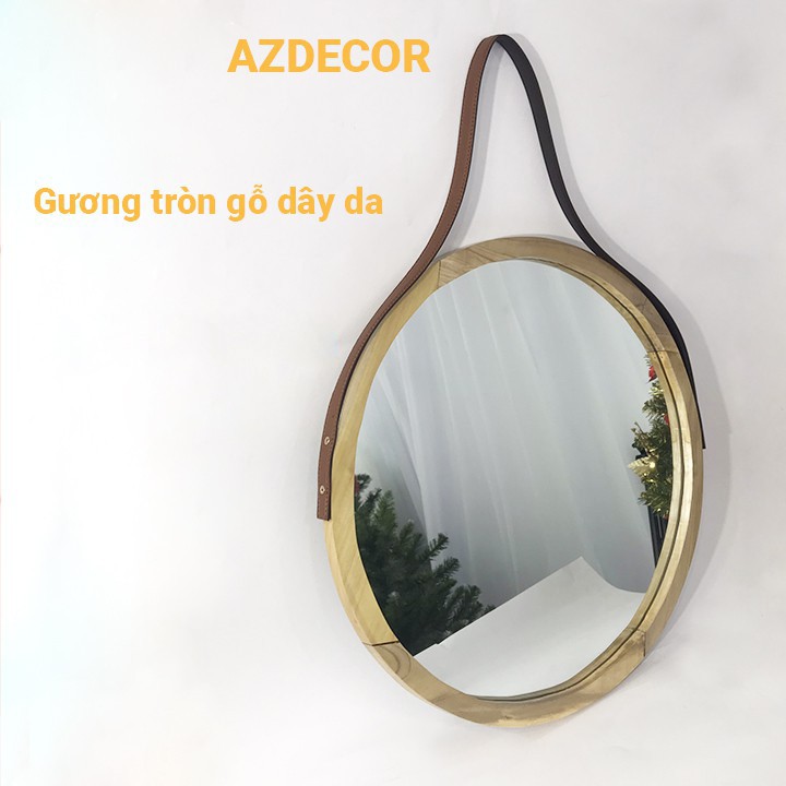 Gương Tròn Viền Gỗ, Dây Da Treo Simili D40