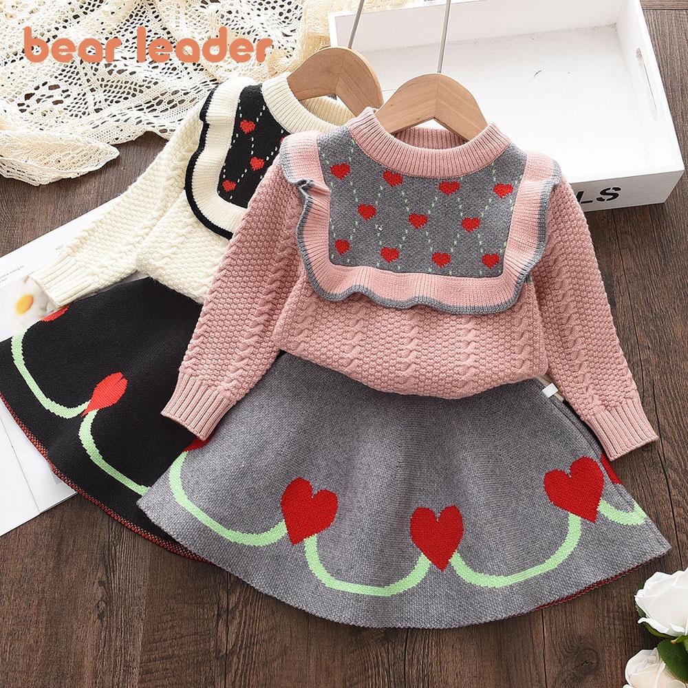 BEAR LEADER Bộ Áo Sweater Cổ Tròn + Chân Váy Xếp Ly Thời Trang Thu Đông Cho Bé Gái 3-7 Tuổi