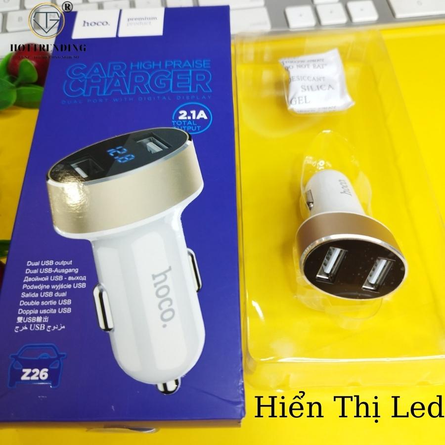 Cốc Sạc USB Ô Tô Chính Hãng Hoco 2 Cổng Sạc USB 2.1 A Hiển Thị Màn Hình Led Cao Cấp Z26