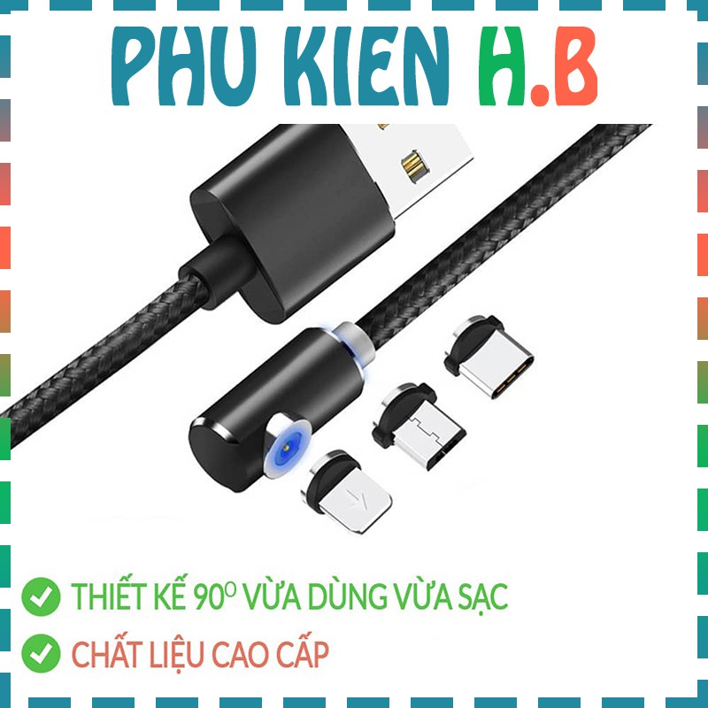 Cáp sạc nam châm chân vuông góc 90 độ chữ L - Cáp sạc 2 mét - Dây sạc 3 trong 1 - Sạc nam châm 3 đầu - Phụ Kiện HB