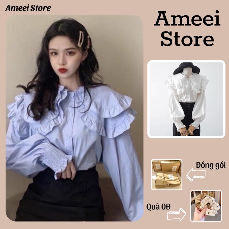 Áo sơ mi kiểu nữ Ulzzang, Áo sơ mi hai màu trắng xanh cổ bèo phối tay bo tiểu thư xinh xắn