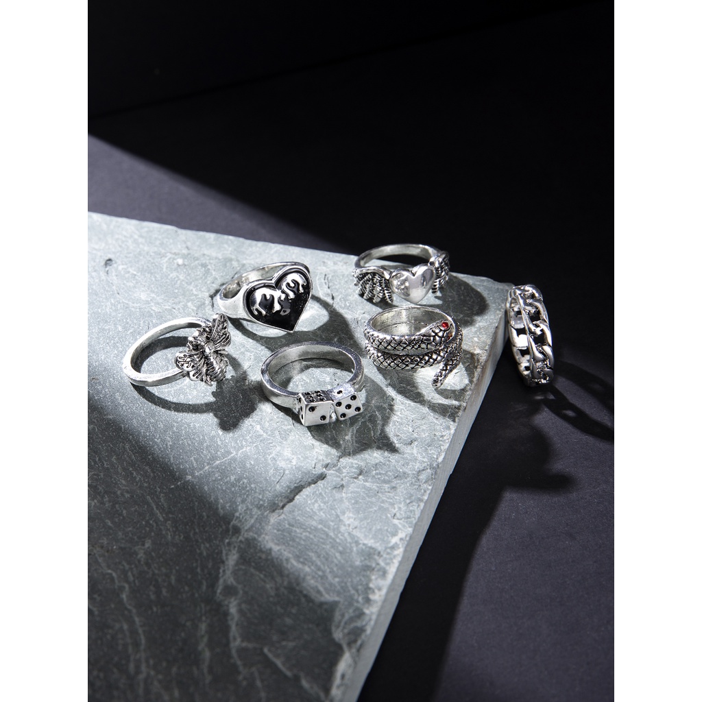 Set 6 nhẫn màu bạc kiểu dáng đa dạng phong cách gothic vintage hip hop cho nam và nữ